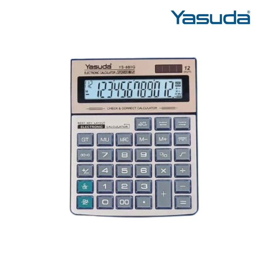 Yasuda YS-88IIG Calculator - 12 Digits, Extra Large Display, Solar Power, 112 Steps Check & Auto Replay Function