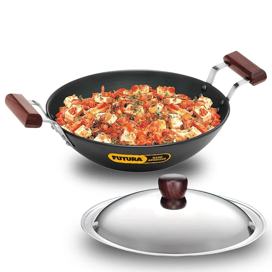 Hawkins IAD25S 2.5L Hard Anodised Deep Fry Pan (Kadhai) | Flat Bottom | Induction Compatible | Rosewood Handles | SS Lid | Black
