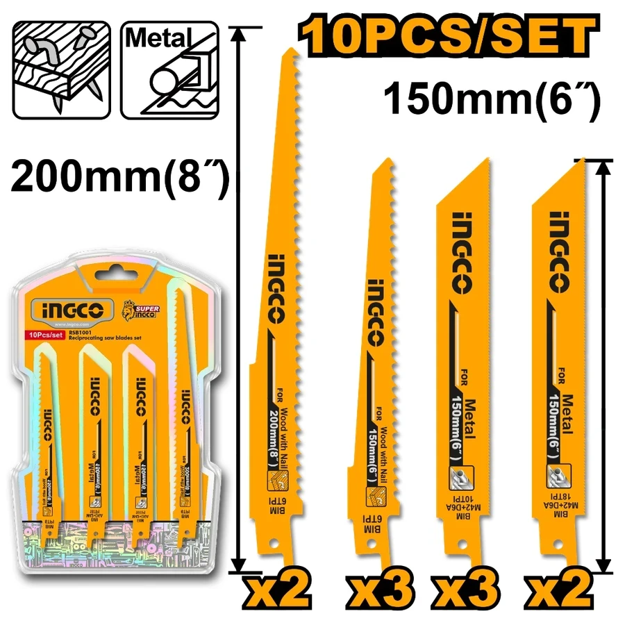 Professional Bi-Metal Reciprocating Saw Blade Set | RSB1001 | 10-Piece Multi-Material Kit