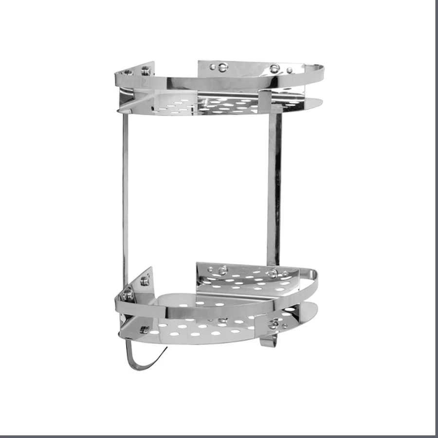 TOYO 2723 Heavy Corner Shelf - Double-Tier Stainless Steel (SS) Storage Rack with Integrated Hooks (9" x 2")